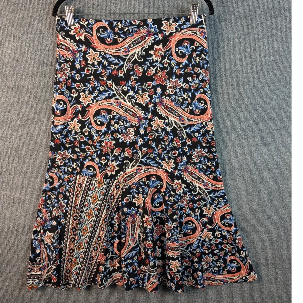 Roz & Ali Paisley Skirt Black Blue Coral Boho Stretch Midi M Flowy Office Casual